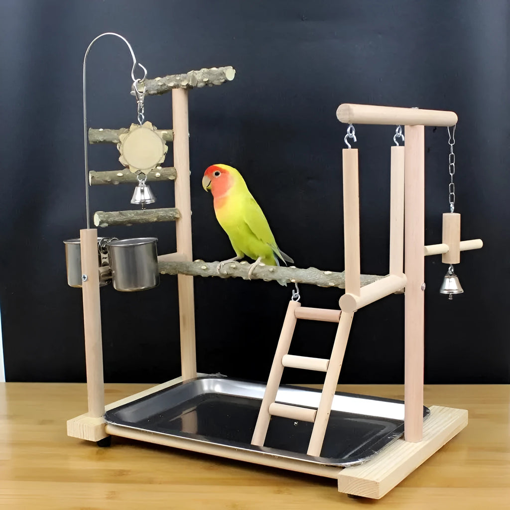 Natural pepper wood parrot toy stand with integrated platform and climbing poles for cage