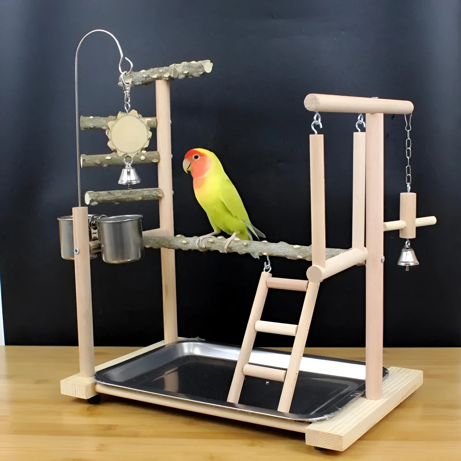 Natural pepper wood parrot toy stand with integrated platform and climbing poles for cage