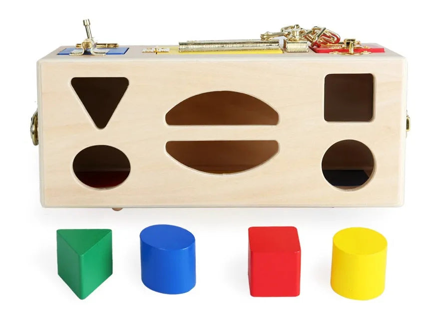 Wooden educational shape sorting lock box toy with coloured blocks for preschool children.