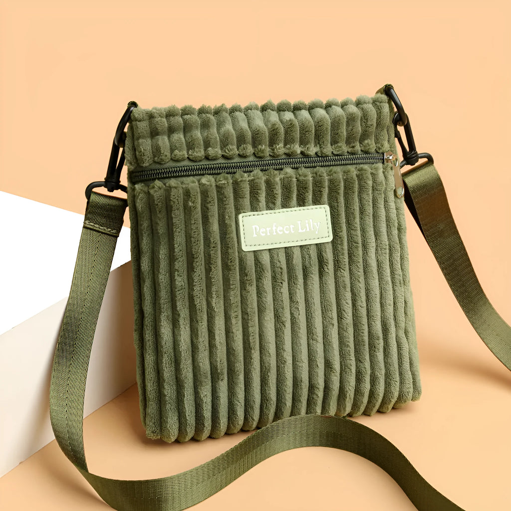 Women's corduroy shoulder messenger bag in beige, horizontal square shape, single strap