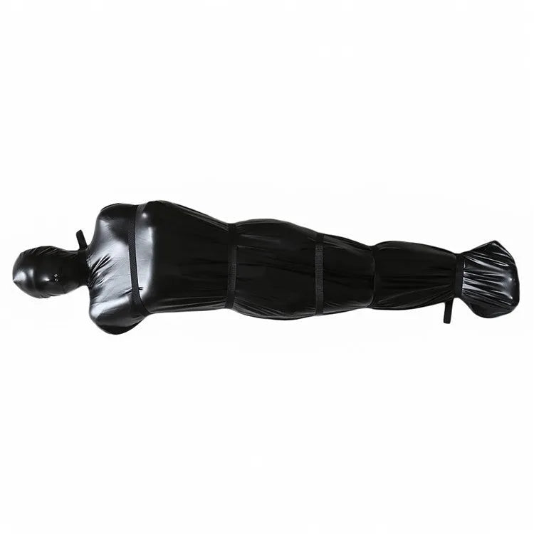 Black patent leather full coverage body restraint wrap with six ratchet tie down straps.