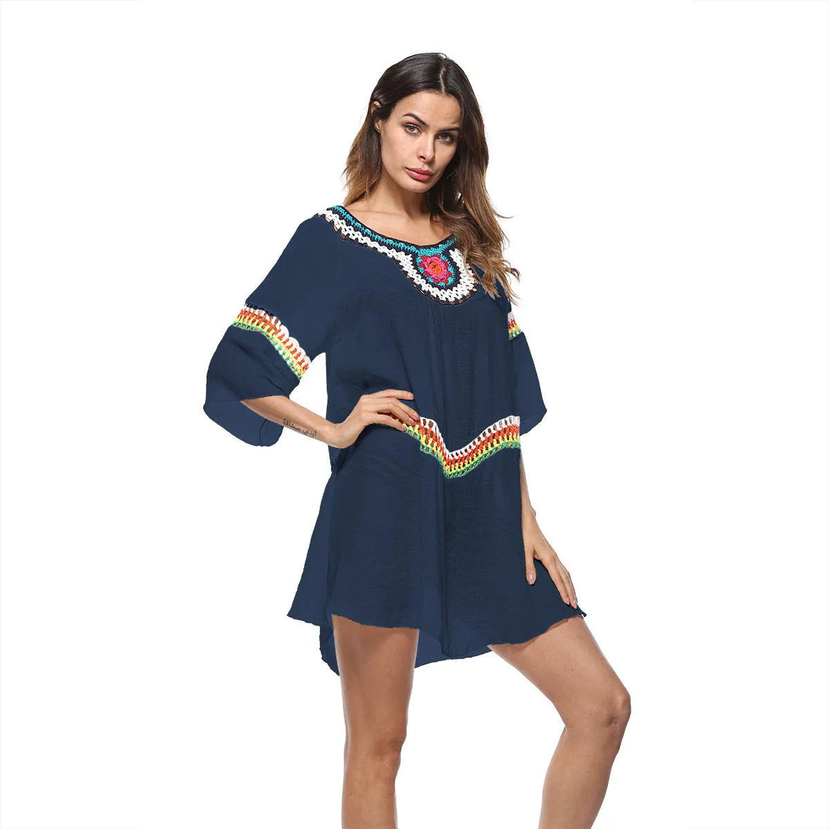 Women's crochet ethnic-style beach cover-up with long sleeves for sun protection