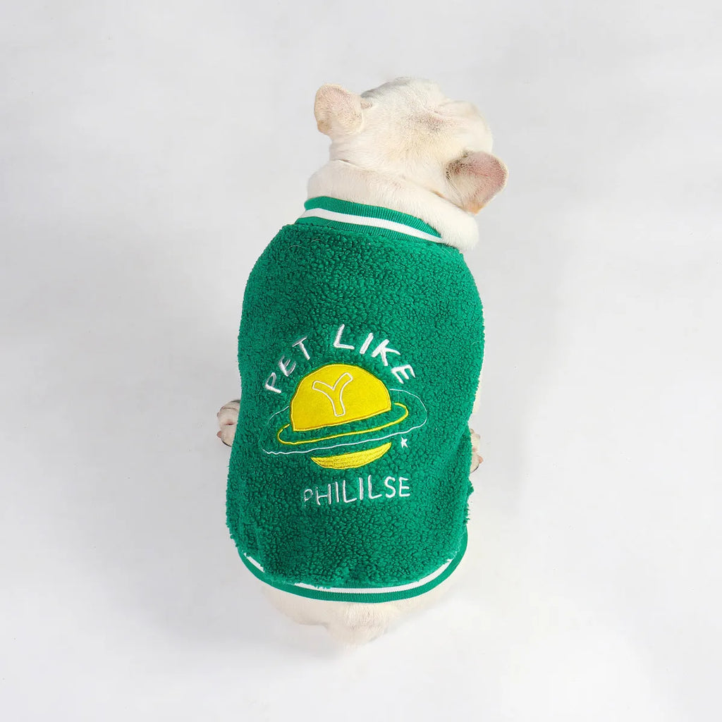 Green fleece-lined dog winter coat shown on a mannequin, sizes L XL XXL 3XL 4XL.