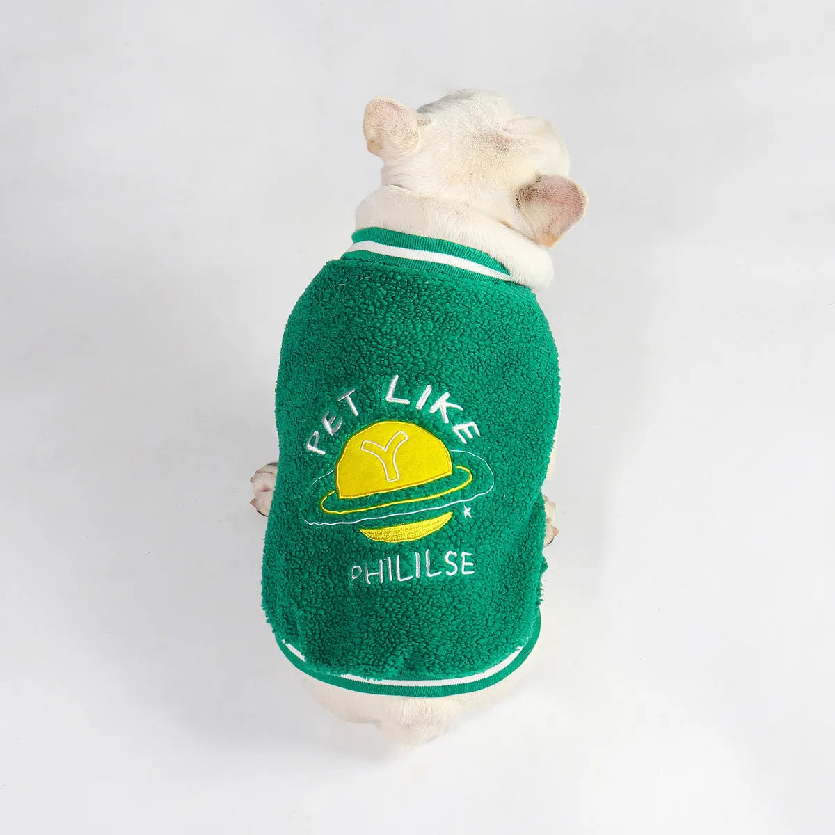 Green fleece-lined dog winter coat shown on a mannequin, sizes L XL XXL 3XL 4XL.