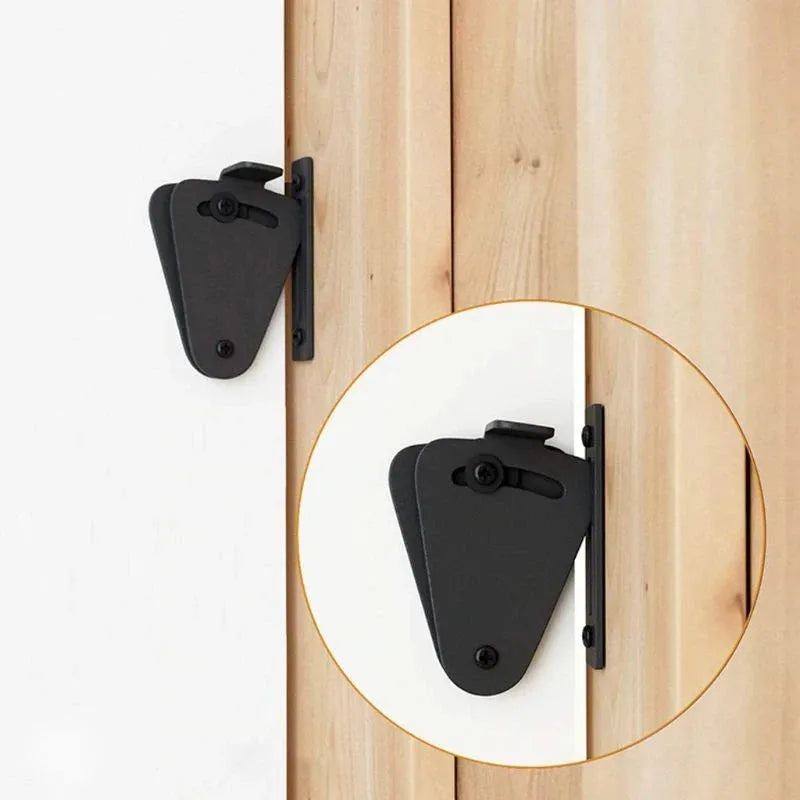 Black stainless steel sliding barn door lock shown in S and M sizes.