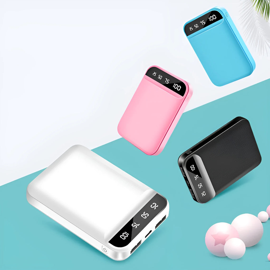 Compact rectangular power bank with multiple USB ports shown in black, blue, pink, and white colour options