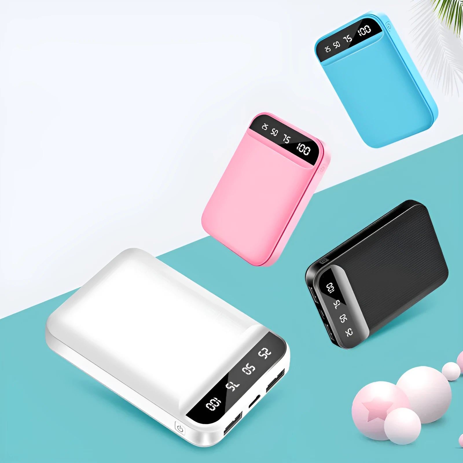 Compact rectangular power bank with multiple USB ports shown in black, blue, pink, and white colour options