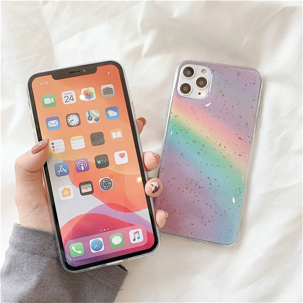 Rainbow gradient striped flexible TPU case for iPhone on a white background.