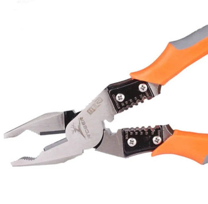 Orange handled multi-function wire cutter 118-129 with alloy steel head for stripping and crimping