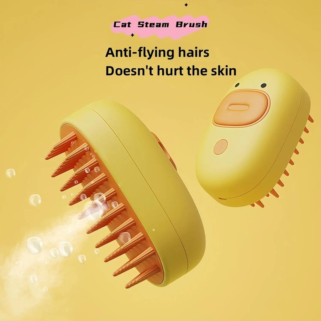 White and yellow rechargeable steam pet brush for dogs and cats on a table