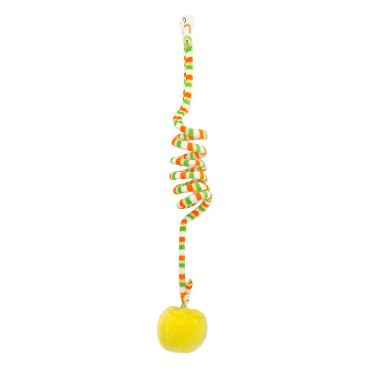 Blue inflatable ball on a spring attached to a plastic handle with suction cup, a cat toy for kittens