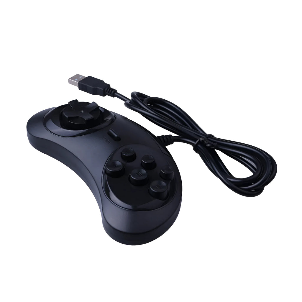 Black Sega USB PC game controller with 1.8 metre cable on desk