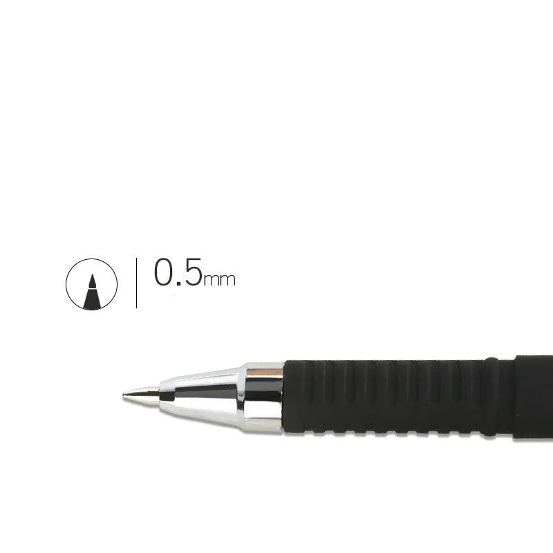 Carbon black gel pen set showing plastic construction with anti-fatigue grip and cap closure