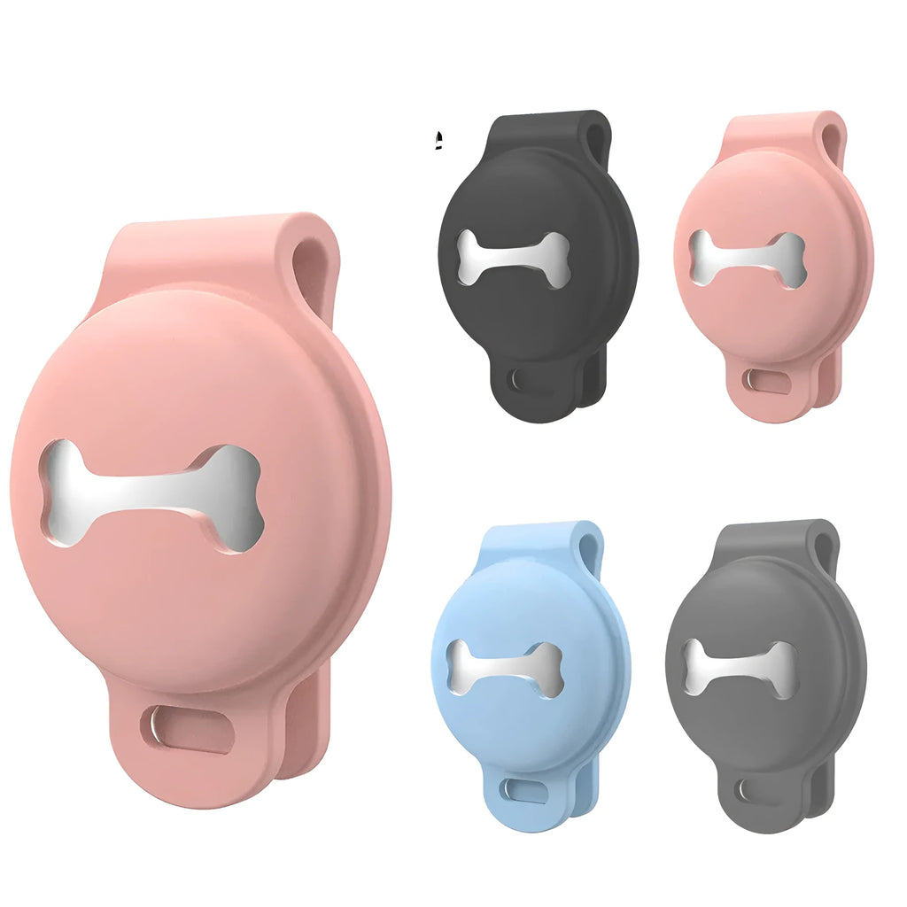 Four silicone protective covers for pet tracker in black, gray, pink, and sky blue