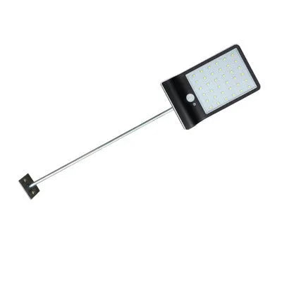 Black and white outdoor solar garden light with solar panel and IP65 waterproof rating.