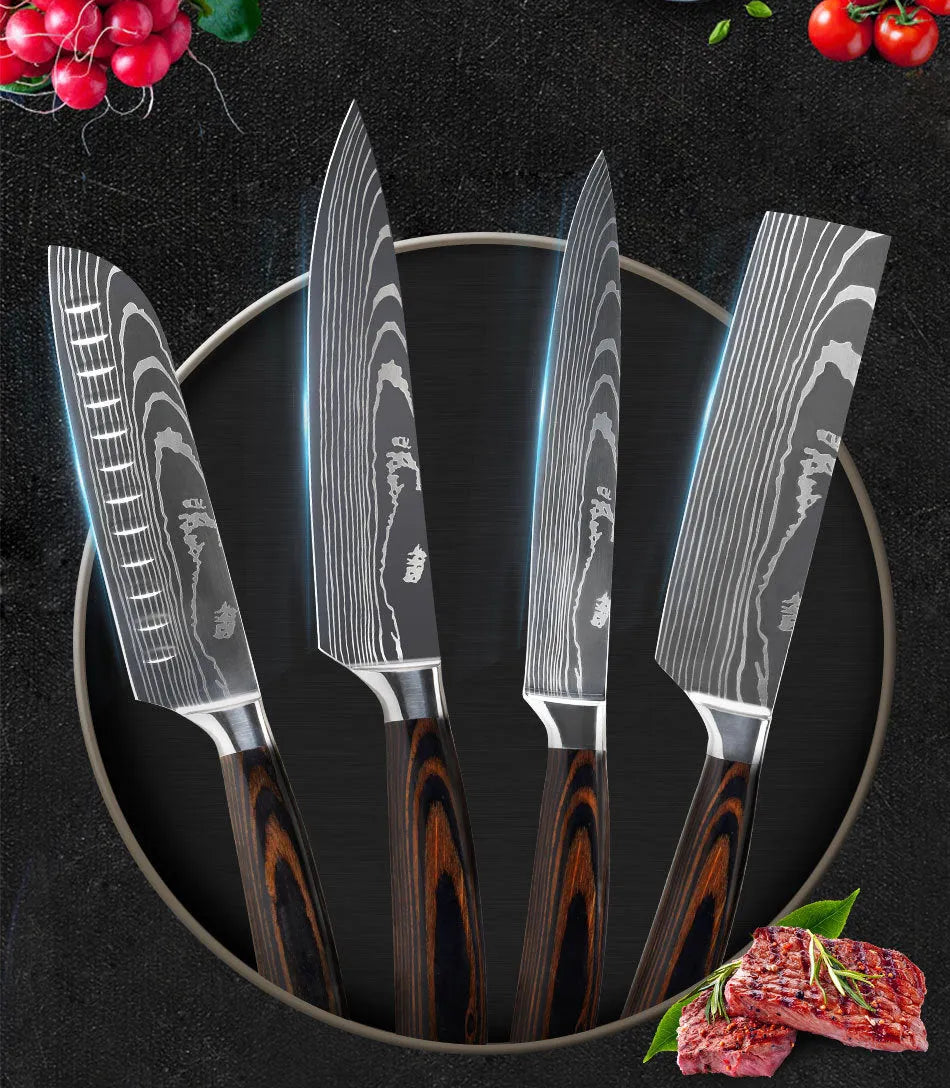 Chef knife with laser Damascus pattern on blade, steel handle, showing 30cm length.