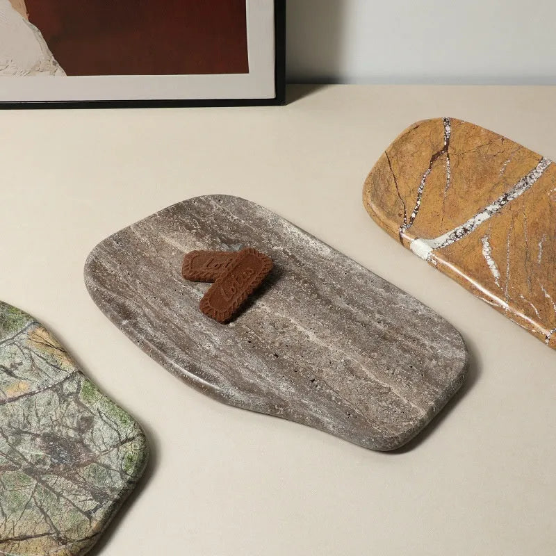 Irregular art marble tray in natural stone, 33.5x19cm, Coffee colour, with smooth polished surface on a wooden table