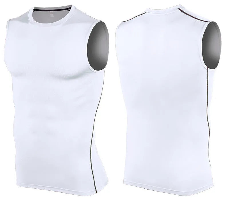 Men's black polyester fitness gym vest with sleeveless design, shown front view