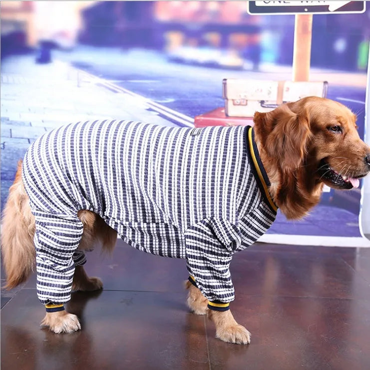Cotton long sleeve dog bottoming shirt in blue or red, four legged design for medium and large dogs, sizes 30-36