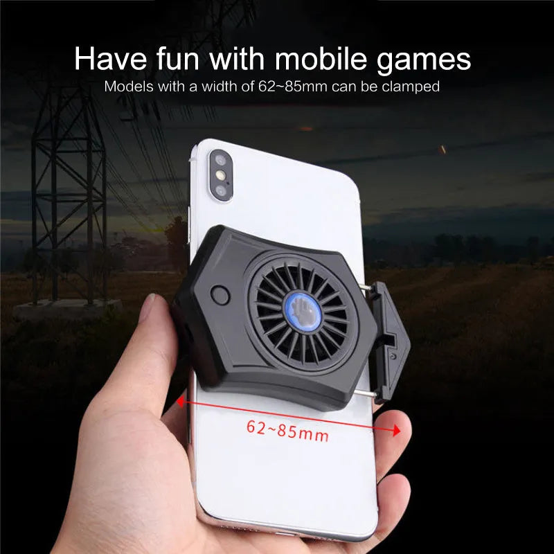 Black and white mobile phone radiator cooling fan with USB cable and adjustable mounting clips