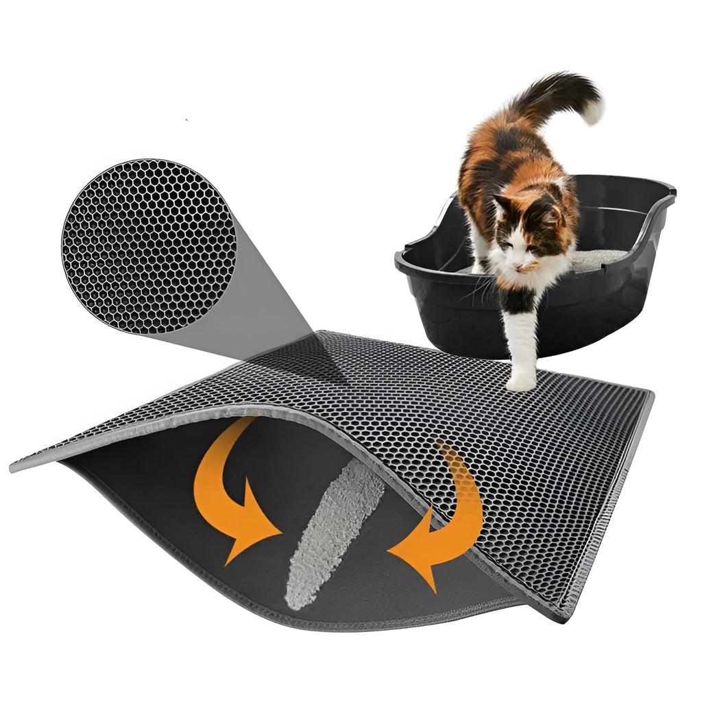 Beehive cat litter mat in gray with honeycomb textured EVA surface and quilted edge