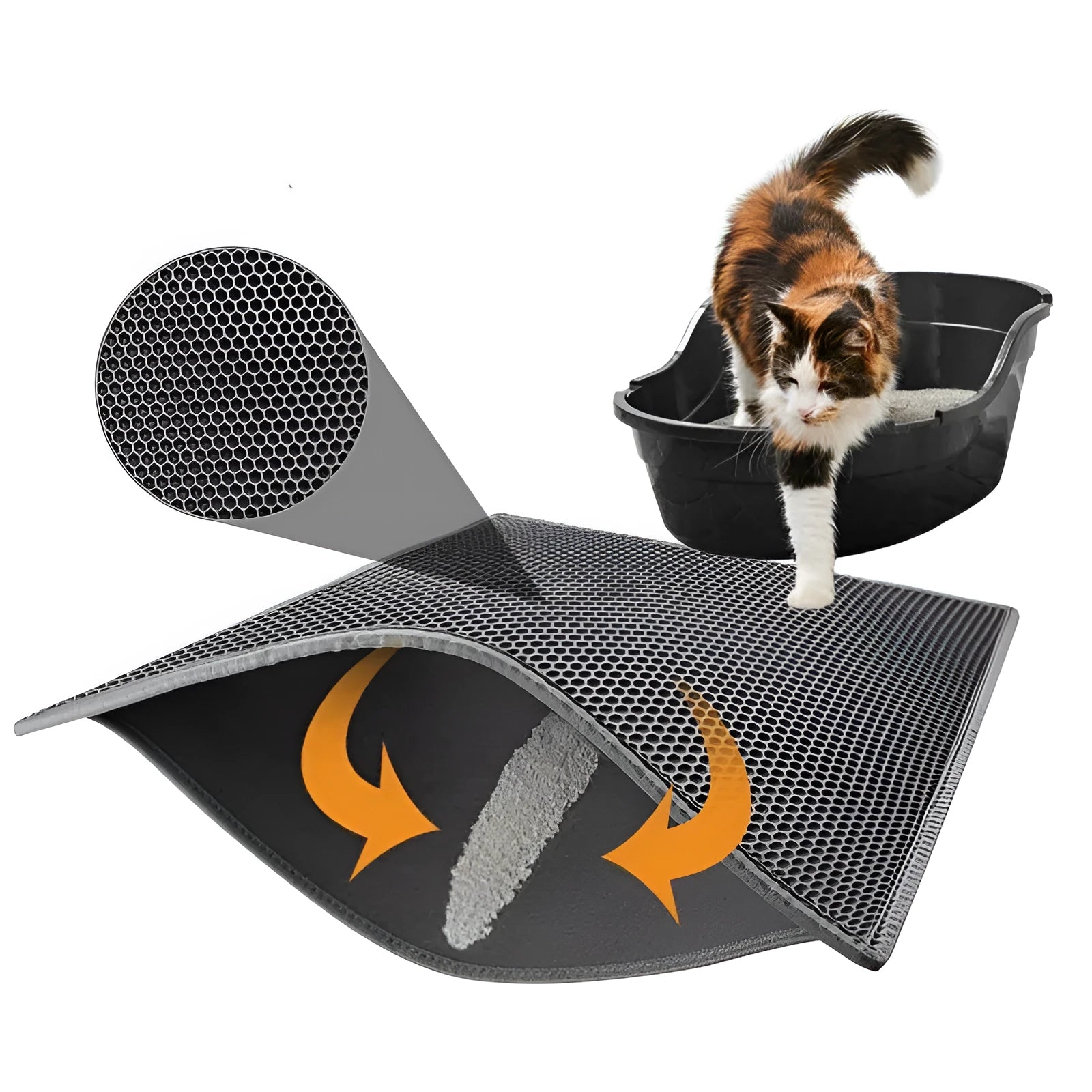 Beehive cat litter mat in gray with honeycomb textured EVA surface and quilted edge