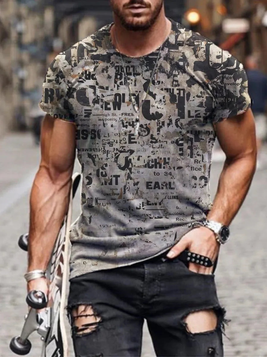 Men's camouflage print short-sleeved t-shirt in milk silk polyester, loose fit pullover style
