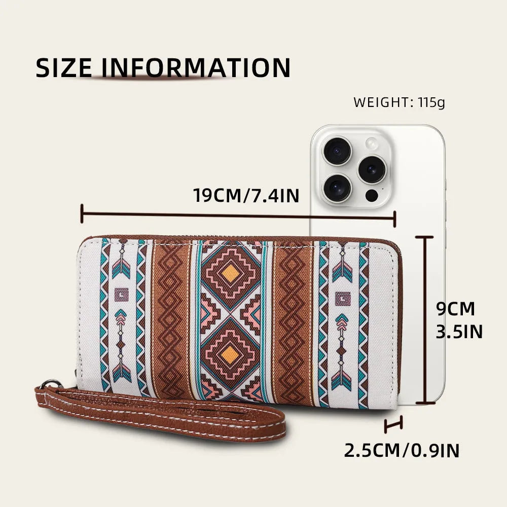 Bohemian striped canvas RFID wallet with anti-theft features in beige and red colours measuring 20x10x2cm