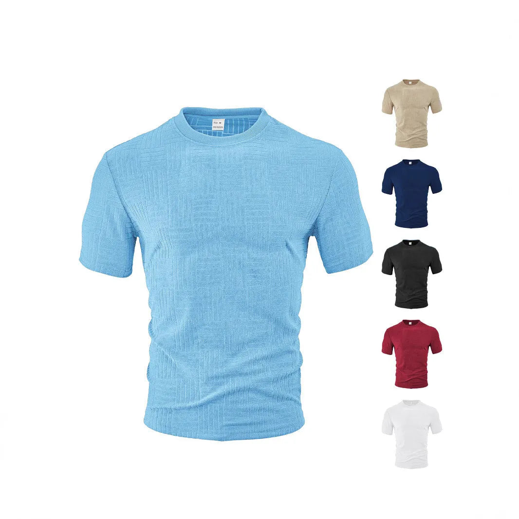 Casual loose breathable round neck towel jacquard short sleeve top in light blue, front view