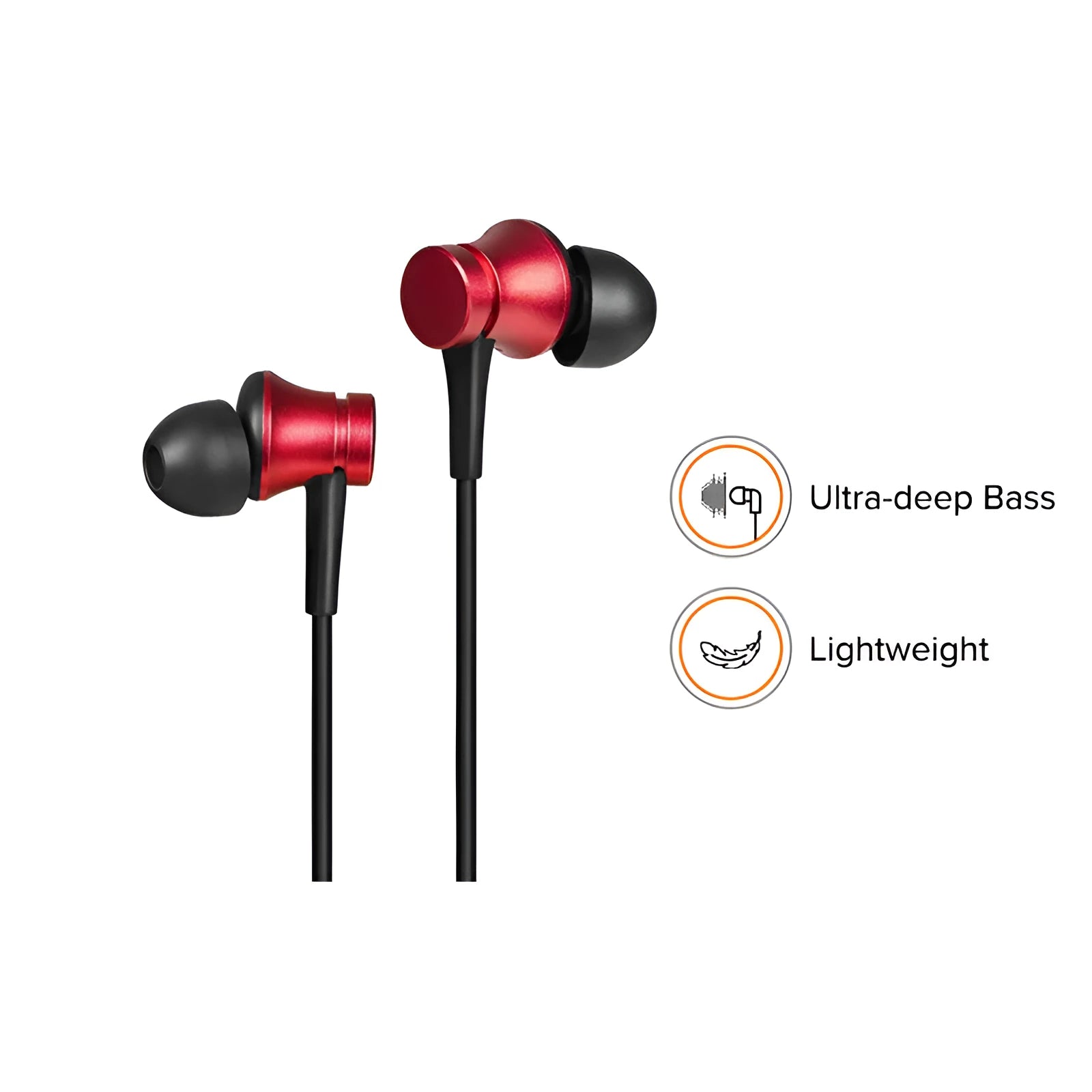 Piston-style in-ear wired headphones with 3.5mm jack in black, blue, and red colour options.