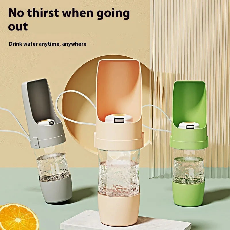 2-in-1 travel dog water bottle with feeder showing grey colour option with lanyard attachment