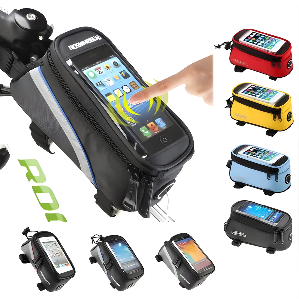 Roswheel PVC bicycle frame bag in black holding an iPhone mounted on a bike frame