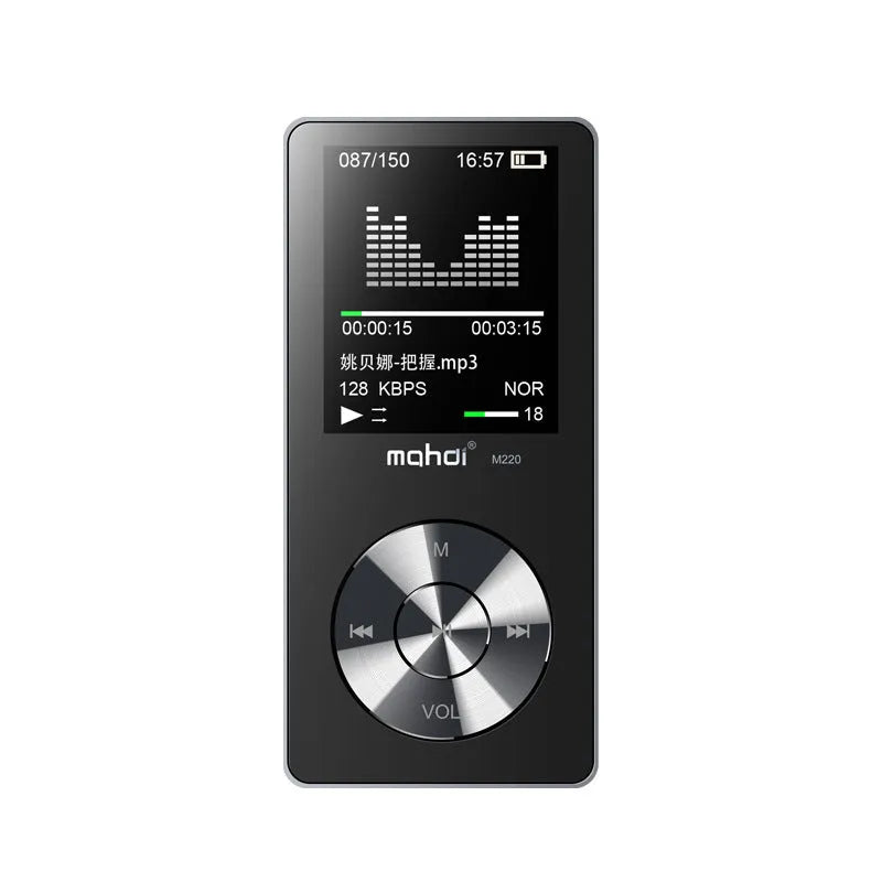 Gold metallic MP3 music player with 1.8-inch screen displaying music interface
