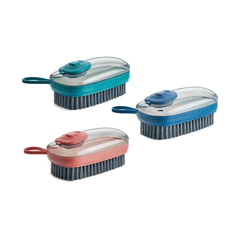 Automatic liquid cleaning brush with ergonomic grip in blue, green or red colours for shoes and laundry