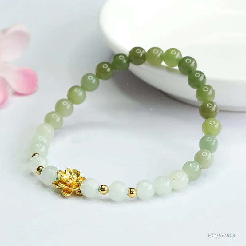Hand-woven Hetian jade gradient bracelet with 6mm flower beads on a 17cm strand in ancient national style.
