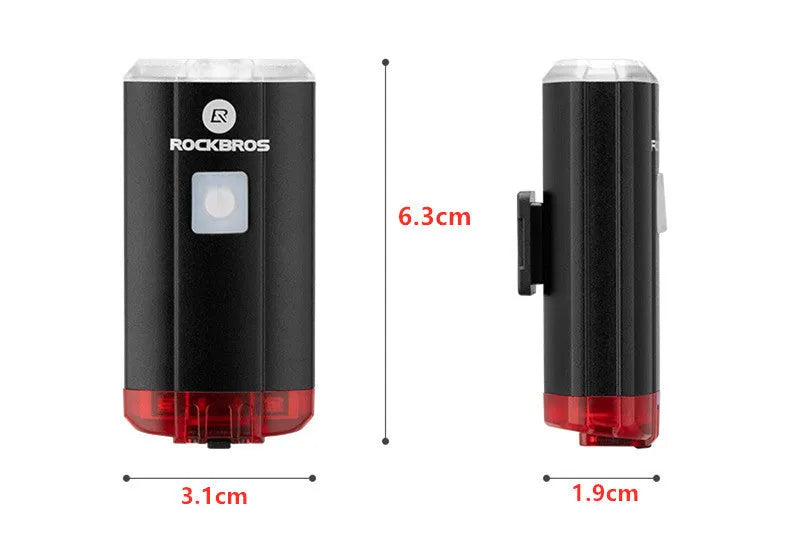 Black bicycle helmet light with aluminium alloy shell showing USB charging port and compact 6.3cm size
