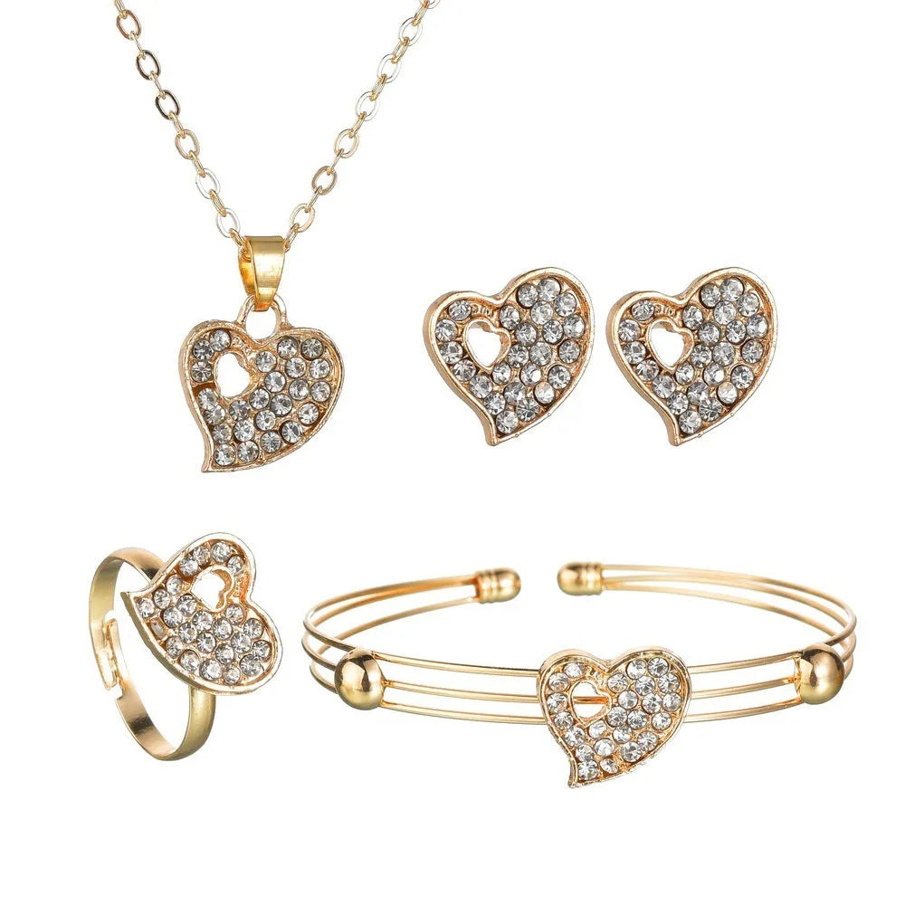 Gold tone women's love jewellery set with earrings, pendant and bracelet featuring adjustable 21-50cm sizing