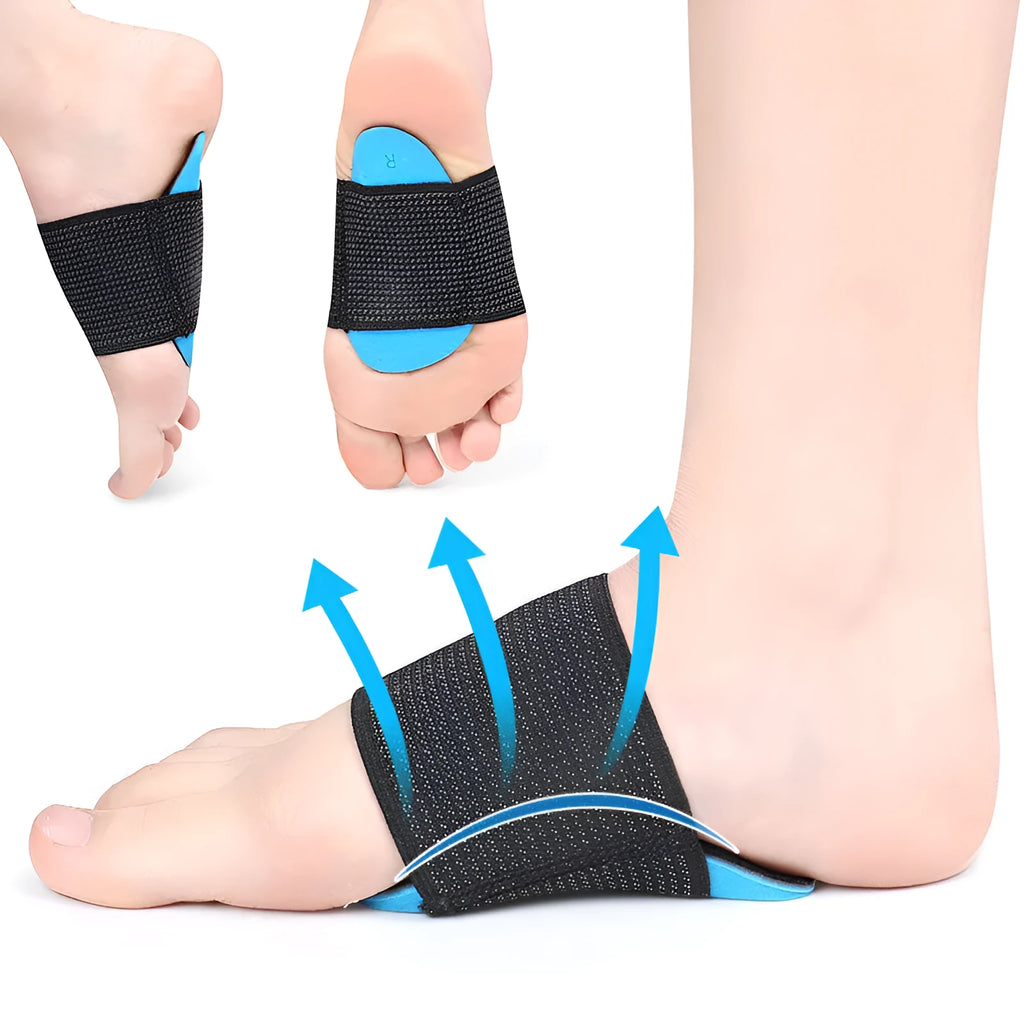 Blue elastic bandage arch support foot pads for adults and children on a white background.