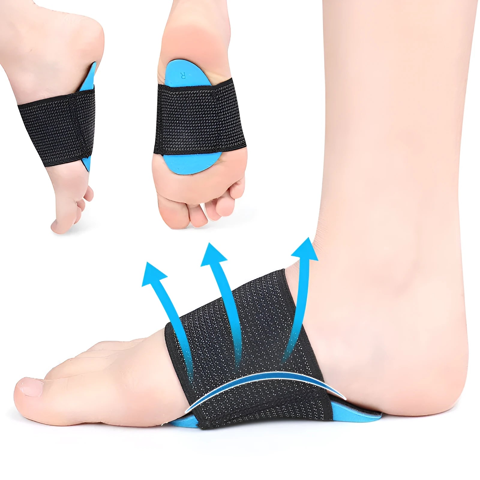 Blue elastic bandage arch support foot pads for adults and children on a white background.