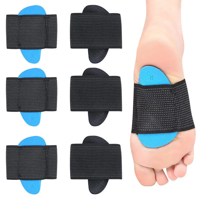 Blue elastic bandage arch support foot pads for adults and children on a white background.