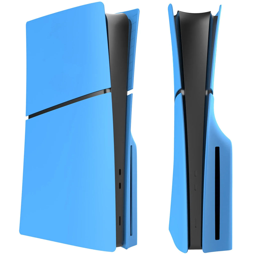 PS5 Slim replacement shell enclosure in ABS plastic showing colour options including blue, black, red, and silver
