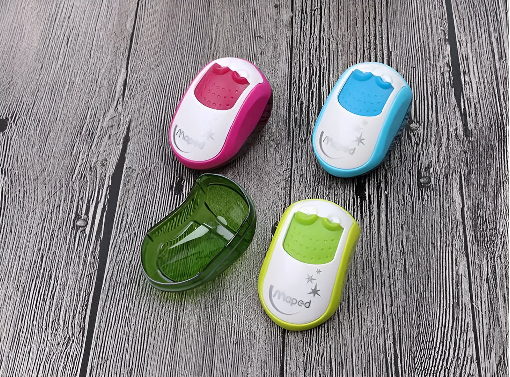 Double hole pencil sharpener with closed design for normal and thick pencils in random colour