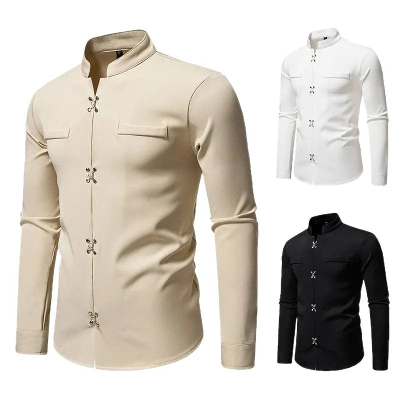 Men's long-sleeved slim-fit cardigan shirt in black polyester – front view