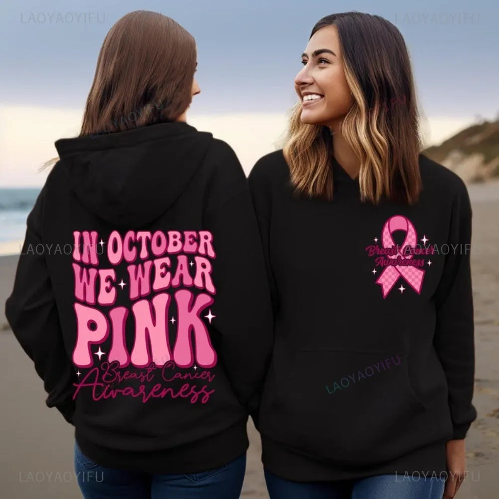 Breast Cancer Awareness hoodie sweatshirt with retro art pattern and side seam pocket