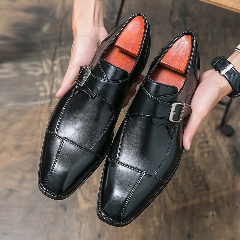 Men's brown blue retro buckle casual leather shoes with tall crown design