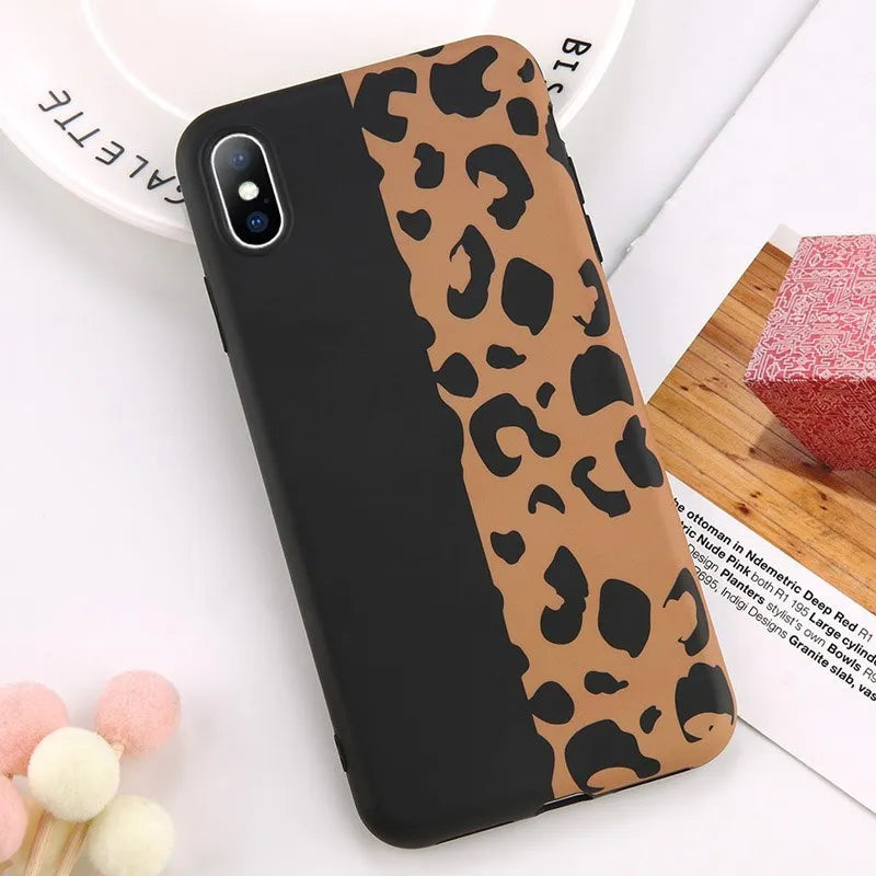 Leopard phone case for iPhone XS XR XS Max X 6 6S 7 8 Plus in black colour, showing back view