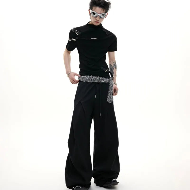 Men's black cotton T-shirt with metal belt design detail and slim fit tailoring