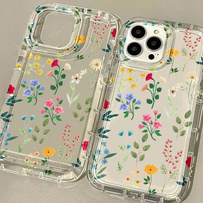 Floral transparent TPU phone case with bracket for iPhone showing a clear floral pattern and side grip