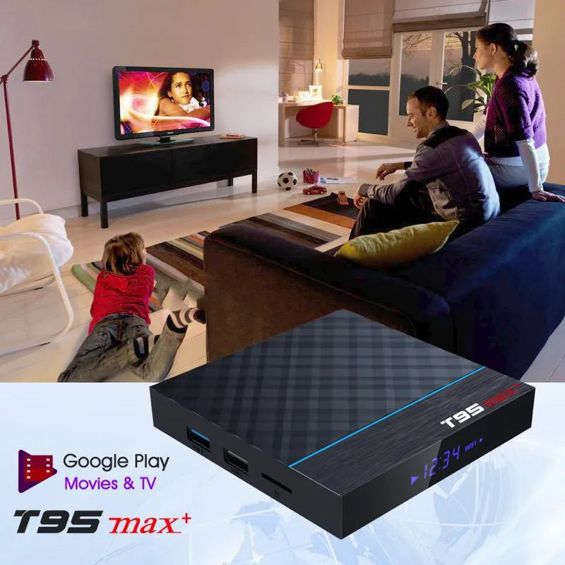 Black T95 Max Plus Android TV box with remote control, showing UK power plug