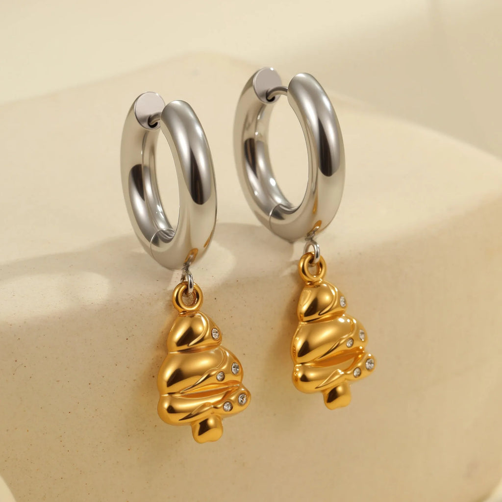 Christmas tree heart earrings in stainless steel with 18K gold plating showing star and geometric shapes